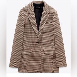 Zara Plaid Check Blazer Jacket Small One Button Orange Black White Preppy Career